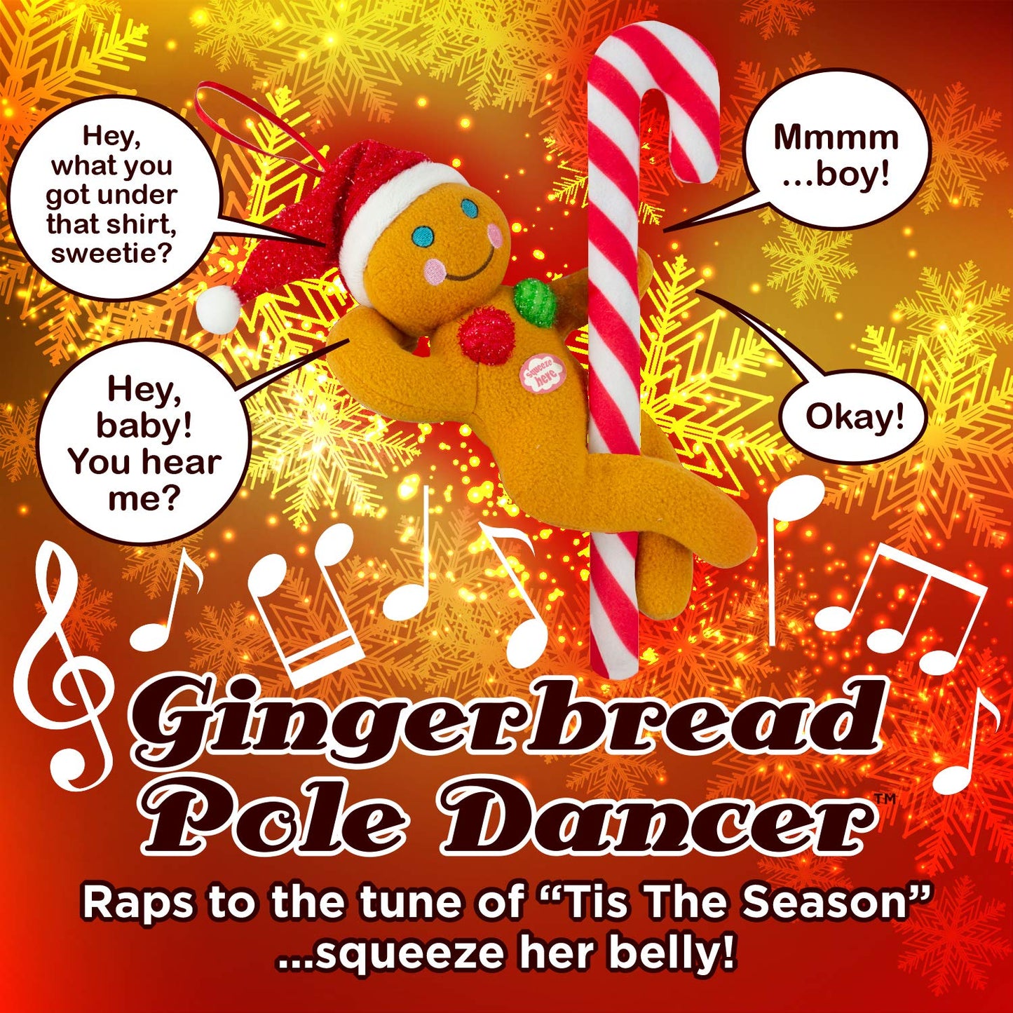 Tekky Naughty Dirty Signing Gingerbread Pole Dancer Tree Ornament, White Elephant, Tan