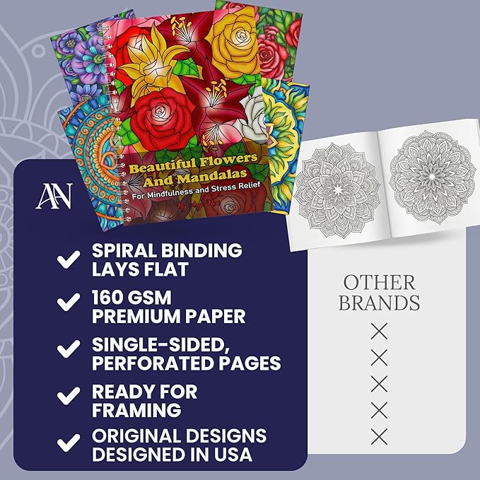 Spiral Bound Adult Coloring Book for Women - 40 Mandala and Flowers Designs - Stress Relief & Relaxation - Single Sided, Perforated Pages, Large A4 Format