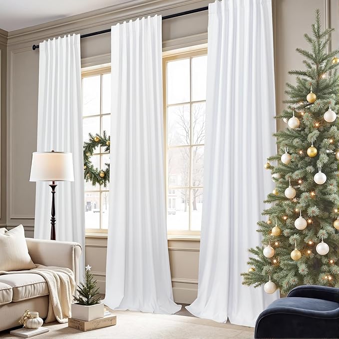 Pitalk 100% Blackout Curtains for Bedroom White 100 Inch Length Living Room Black Out Shades Faux Linen Designer Custom Drapes for Windows Treatments Thermal Insulating 100 Inches Long 2 Panels 2Pcs