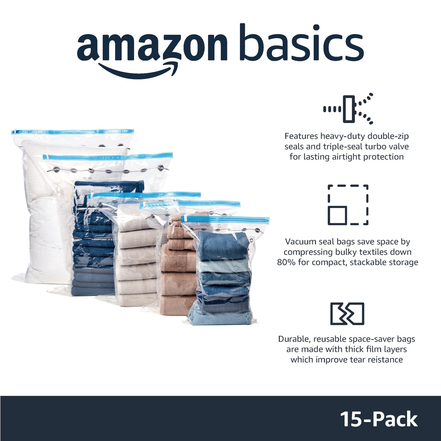 Amazon Basics Vacuum Storage Bags for Clothes, Compression Space Saving Storage Bags with Hand Pump, Reusable, Heavy-Duty Seal Protection, Multiple Sizes, White, 15-Pack