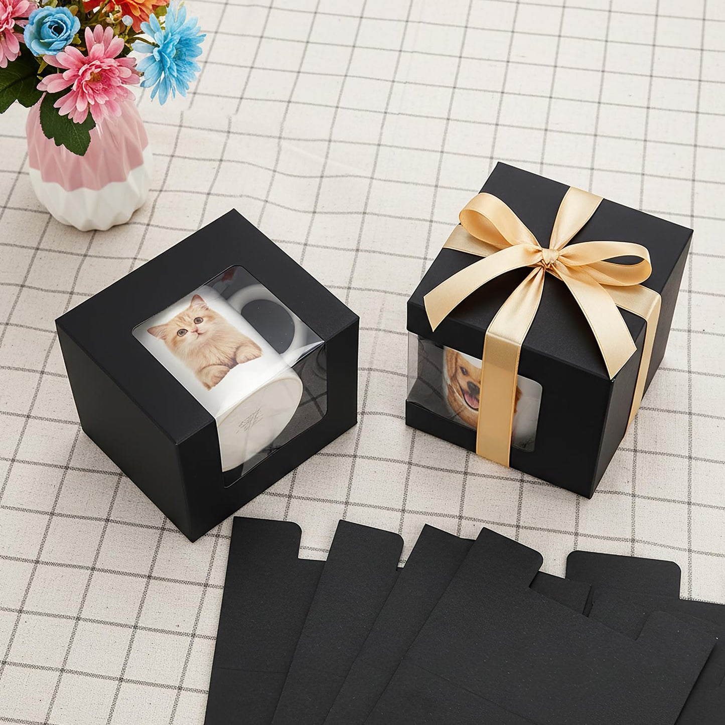 AVLA 50 Pack Mug Boxes for Gifts, Black Sublimation Mugs Packaging Box, 11oz 12oz 15oz Coffee Mugs Boxes with Window for Wrapping Birthdays Wedding Anniversaries Christmas