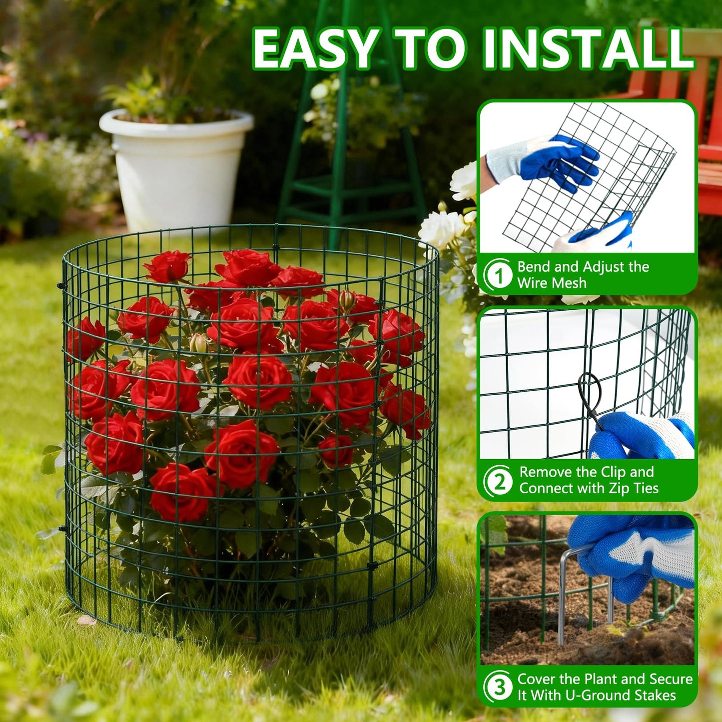 4 Pack Plant Protectors from Animals, 12''x12'' Metal Plant Cages for Outdoor Plants, Garden Plant Protector with Stakes & Zip Ties, Keep Rabbits Squirrels Out, Plant Cage for Flowers Vegetables