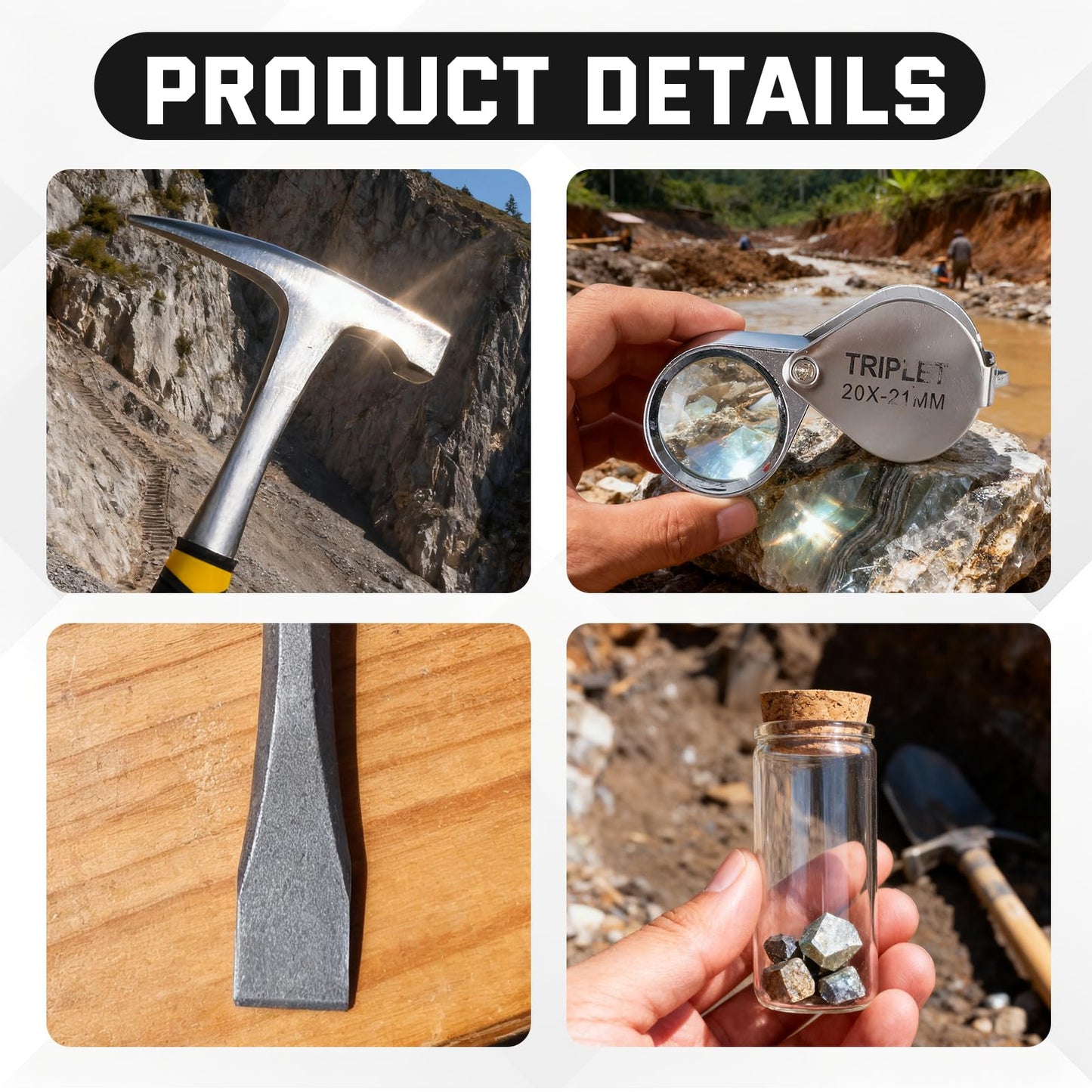 DigNew Geology Rock Pick Hammer Kit – 25PCS Rock Hammer Kit, Complete Geology Kit with Chisels,Folding Shovel, Safety Gear,Gold Panning Kit Accessories, Rock Hounding Equipment for Outdoor Exploration