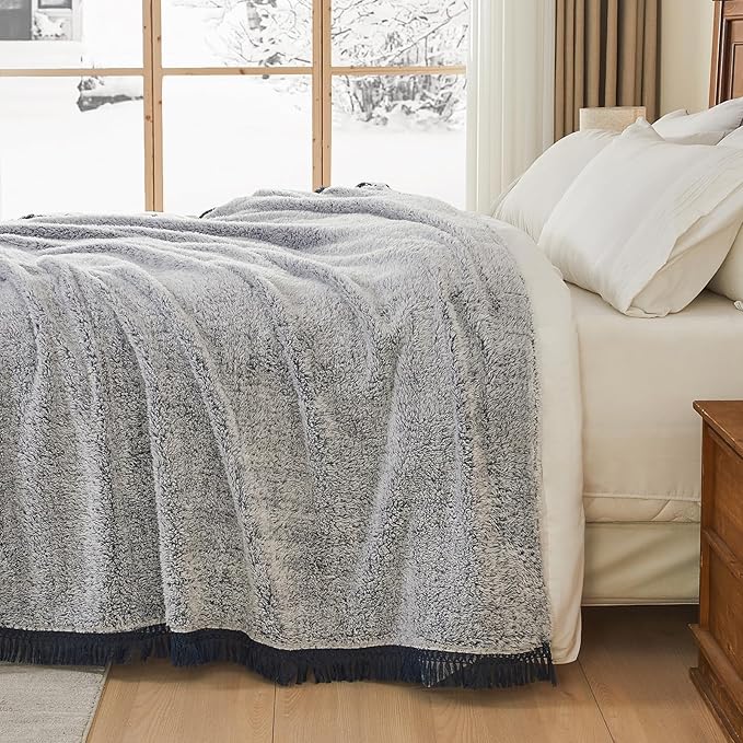 EMME Fleece Throw Blankets Soft Sherpa Plush Blankets for Couch Cozy Bed Blanket(Tassel Navy, 90"x90")