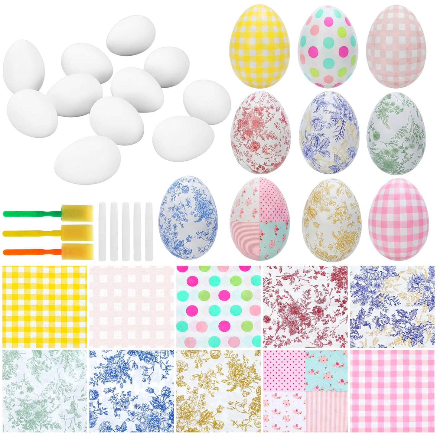 Gemscream 82 Pcs DIY Easter Unfinished Egg Decoupage Craft Include 24 White Eggs 50 Decoupage Napkins 5 Glues 3 Sponge Brushes Easter Decorations Party Favors for Craft Activities Family Party