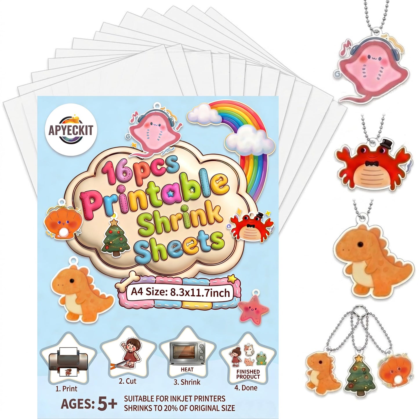 APYECKIT 16Pcs Printable Shrinky Dink Sheets,A4 Printable Shrink Paper for Inkjet Printer, Shrink Dink Sheets for DIY Art Keychain Making Kits for Mother's Day, Father's Day Gifts
