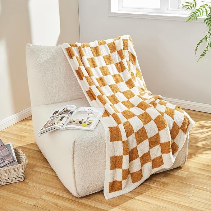 CozeCube Checkered Blanket, Ultra Soft Cozy Orange and White Throw Blanket, Warm Cozy Knit Fuzzy Plush Checkerboard Throw for Couch Bed Sofa, 50"x60"