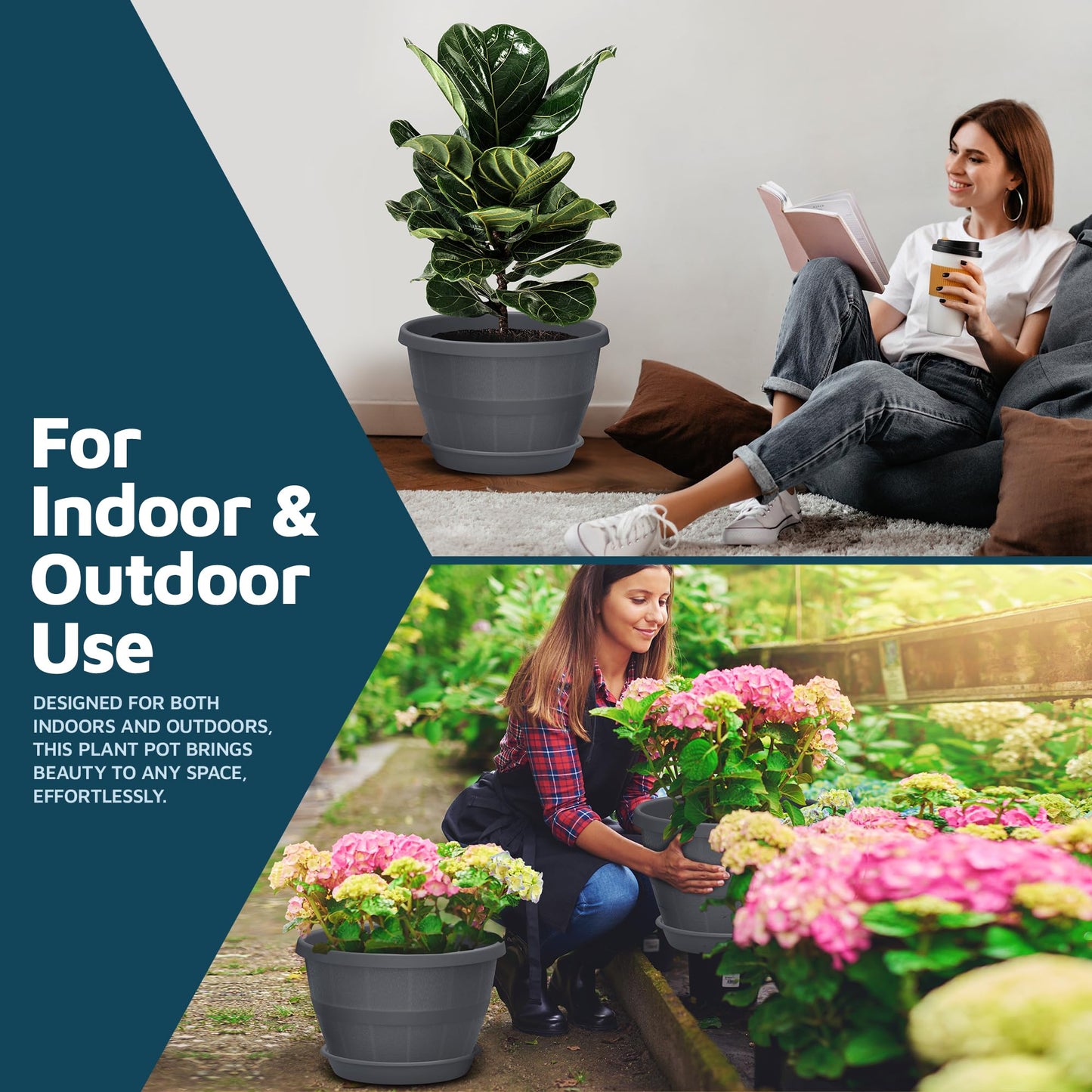 10-Inch Whiskey Barrel Planters Outdoor Pack of 25 - Durable Plastic Plant Pots for Indoor & Outdoor Use with Drainage & Saucer, Lightweight Rustic Barrel Planters for Flowers, Herbs & Small Plants