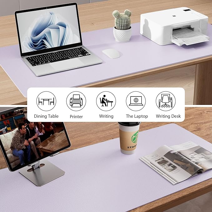Aothia Large PU Leather Desk Pad Protector – Non-Slip Mouse Pad & Writing Mat for Office/Home, Waterproof, Easy to Clean (Soft Lavender, 23.6" x 13.7")