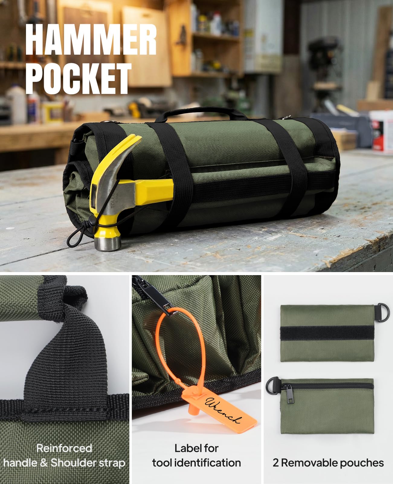 Tool Roll Up Bag, 1680D Heavy Duty Tool Bag Organizer with 2 Detachable Tool Pouches & Multiple Pockets, Waterproof Motorcycle Tool Roll for Mechanic & Electrician, Gift for Men Him Dad, 21.9"*14.7"