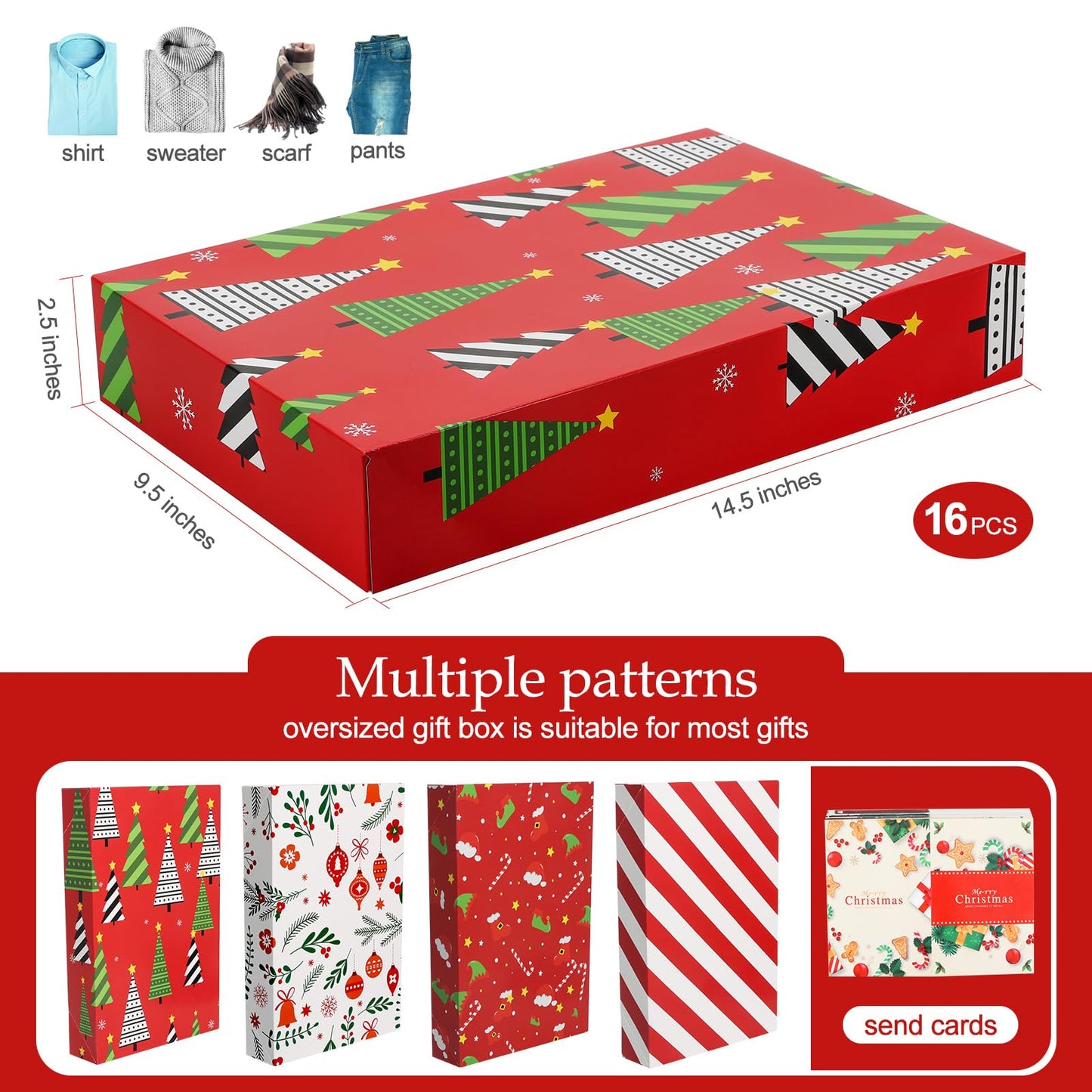 joyhalo 16 Pcs Christmas Gift Boxes with Lids for Presents Bulk 14.5" x 9.5" x 2.5" Large Gift Boxes for Clothes, Wrapping Xmas Robe, Shirt, Goody for Christmas, Birthdays, Wedding, 4 Designs