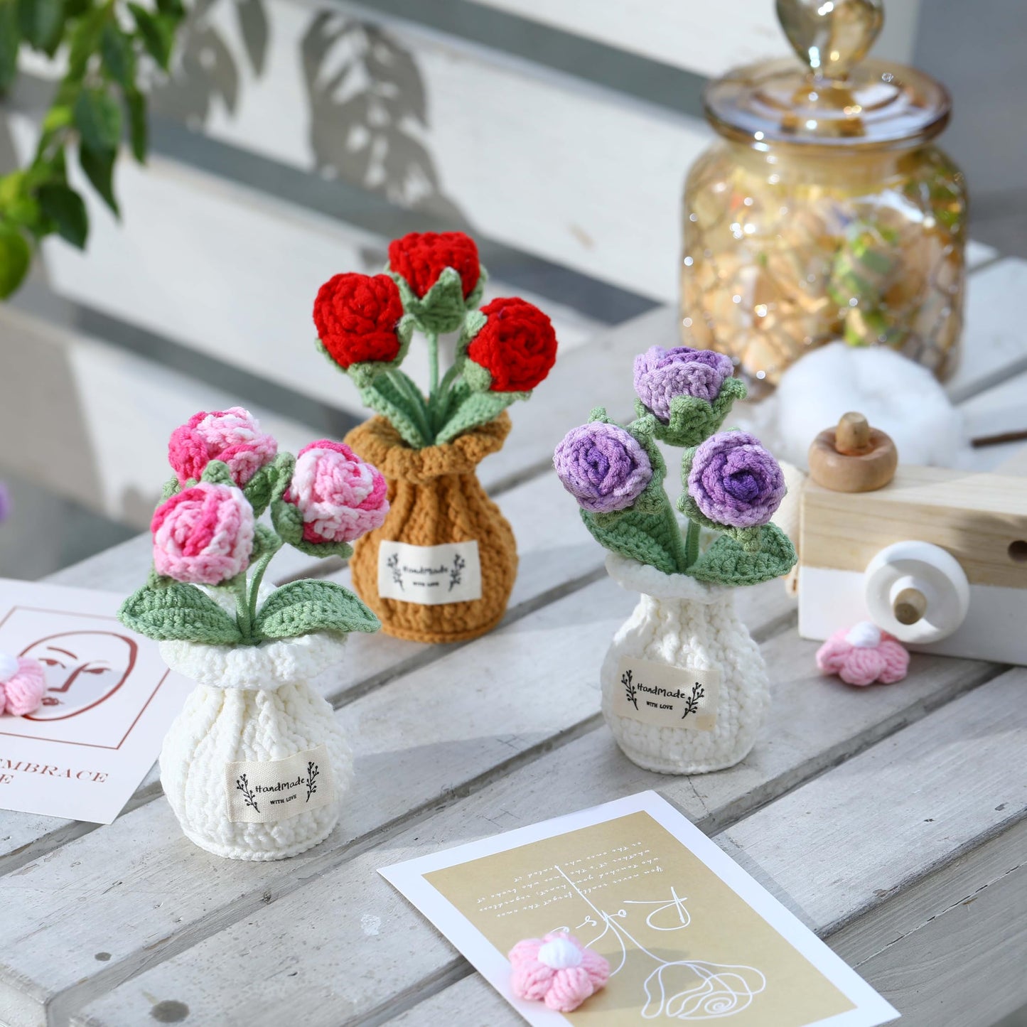 YOOJEE Crochet Rose Flower Potted Plant – Red, Valentines Day Gift for Her, Handmade Knitted Romantic Desk Decor