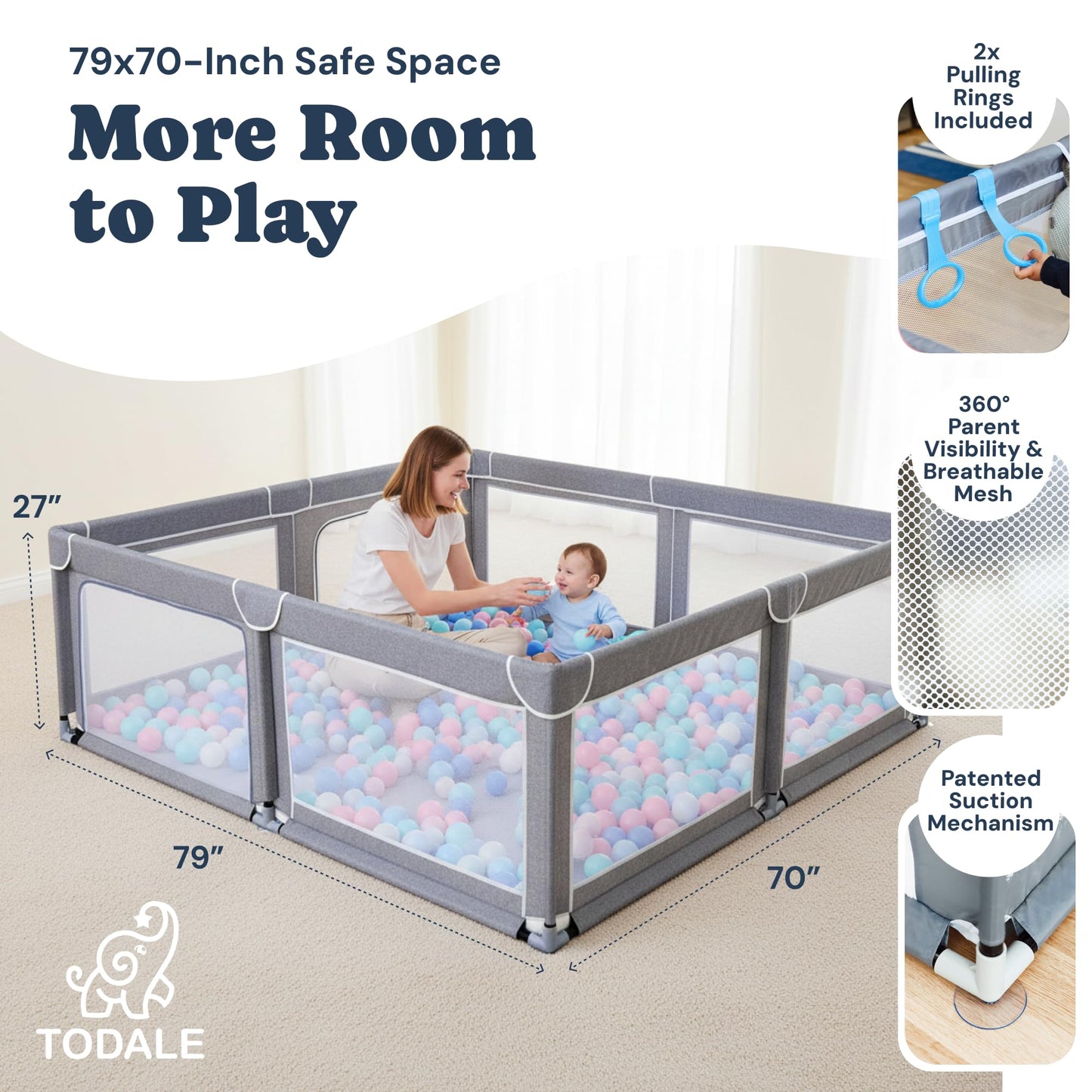 Todale Baby Playpen - 79 x 70 in, Gray - Foldable & Collapsible Playpen Yard with Mesh Panels & Safety Gate - Adjustable Extra Large Play Area for Babies & Toddlers