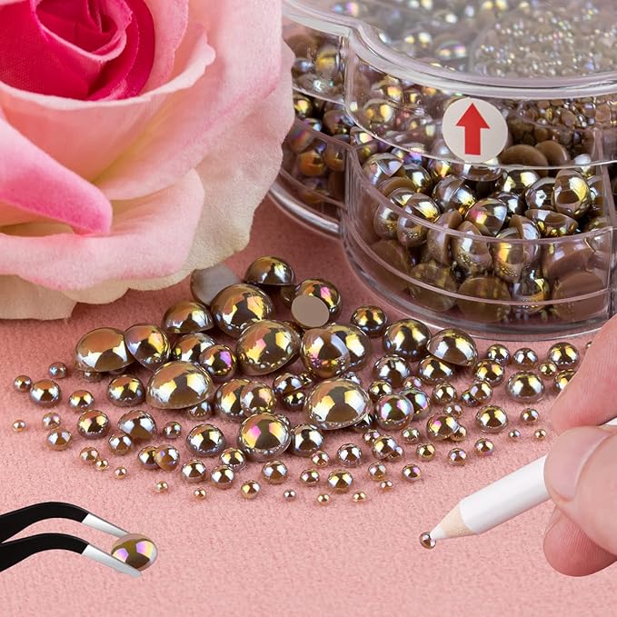 Nail Art Flat Back Half Round Pearl Kits 33, 1 Box of 6000 Pcs Flat-Back Brown AB Pearl with Tweezer and Picker Pencil for Home DIY Nails Body Face Craft and Salon Use