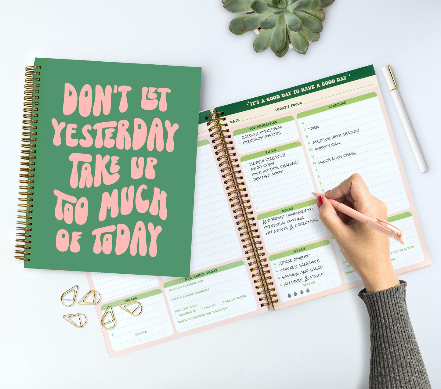 Undated Daily Planner Notebook 7.75x10, Cute Planner Notebook, Pink Green To Do List Notebook, Large Hardcover Spiral Schedule Notebook Planner, Inspirational Quote Planner Students Girls Teens