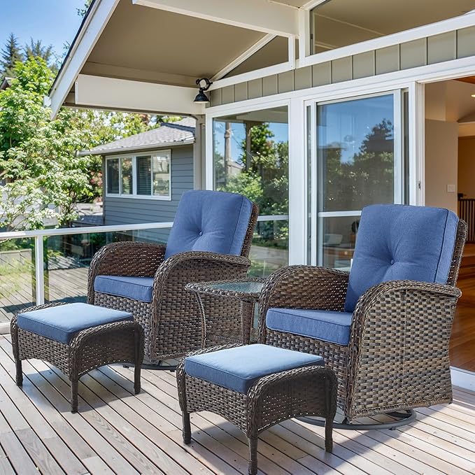 HUMMUH 5 Pieces Wicker Patio Furniture Set,Outdoor Swivel Gliders Rocker,Patio Ottomans,Glass Top Side Table,Outdoor Conversation Set for Porch Deck Backyard Poolside