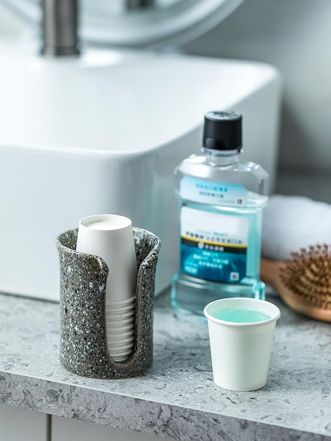 Ceramic Bathroom Cup Holder, Bathroom Cup Dispenser for Dixie Cups 3 Oz Bathroom Cups, Mouthwash Cup Dispenser Small Paper Cups Holder for Bathroom Vanity Countertop, Stoneware Design, Gray