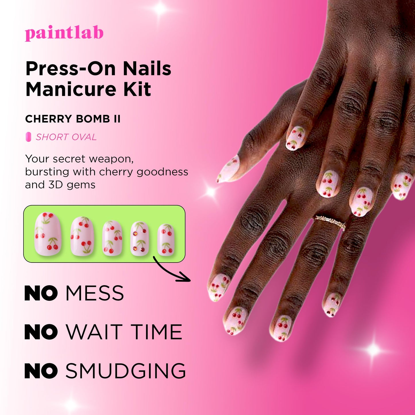 PaintLab Press On Nails - Fruit Cherry Bomb II Oval Fake Nails, 30 Nails in 15 Sizes with Glue, Reusable Salon Quality Press On Nails