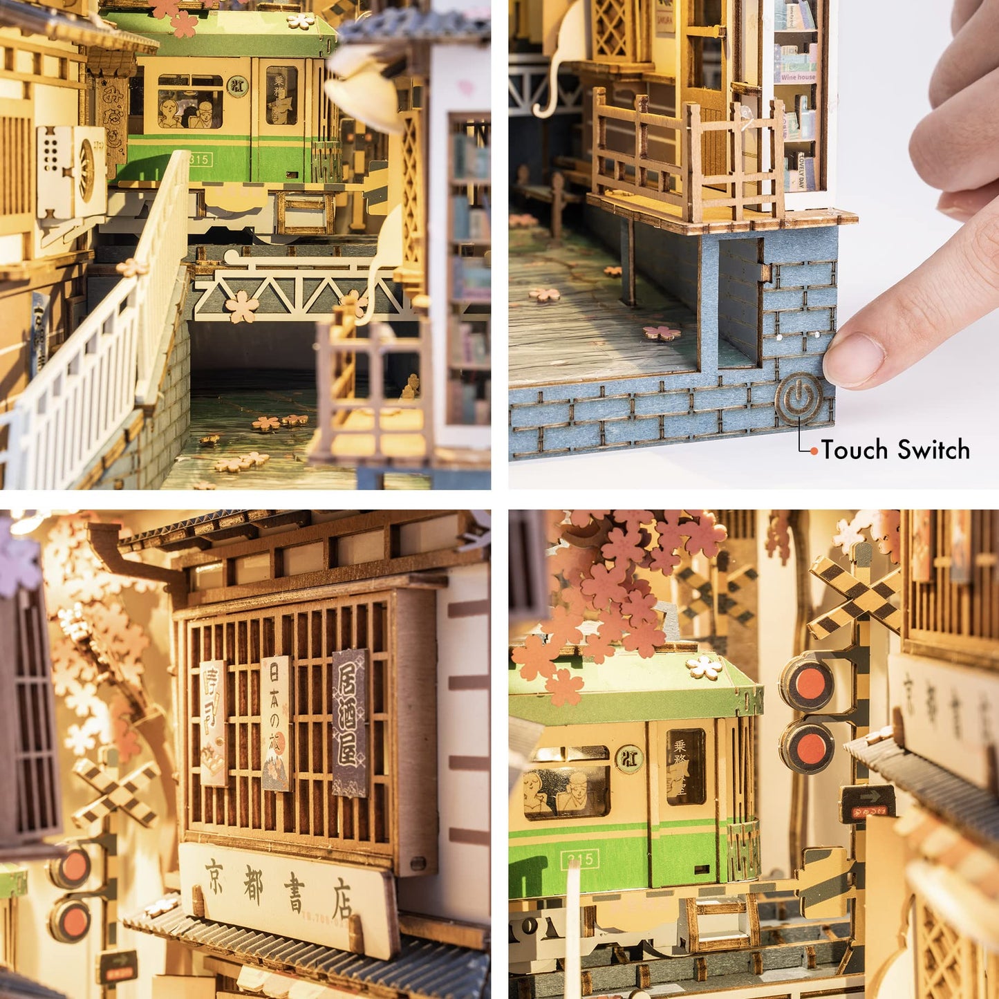 ROBOTIME DIY Book Nook Kit DIY Miniature Dollhouse Booknook Kit 3D Wooden Puzzle with LED Light,Decorative Bookend Bookshelf Insert Decor for Teens and Adults (Sakura Tram)