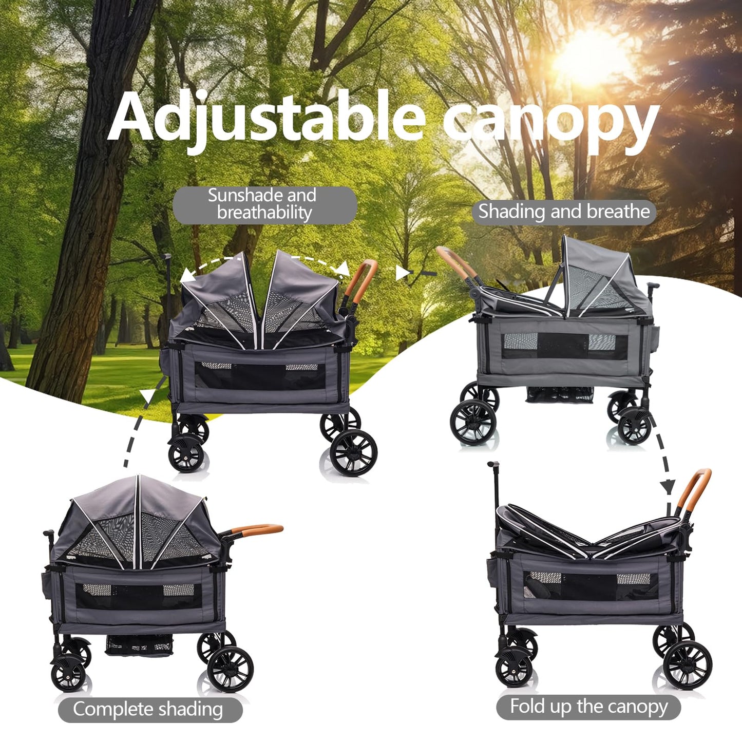 Luxury Wagon Stroller for 2 Kids & Cargo-Lightweight Foldable Travel Push Pull All-Terrain Double Wagon for Newborn&Toddler with 5-Point Harness,Adjustable Handle, Canopy,Tray Table,Cup Holder