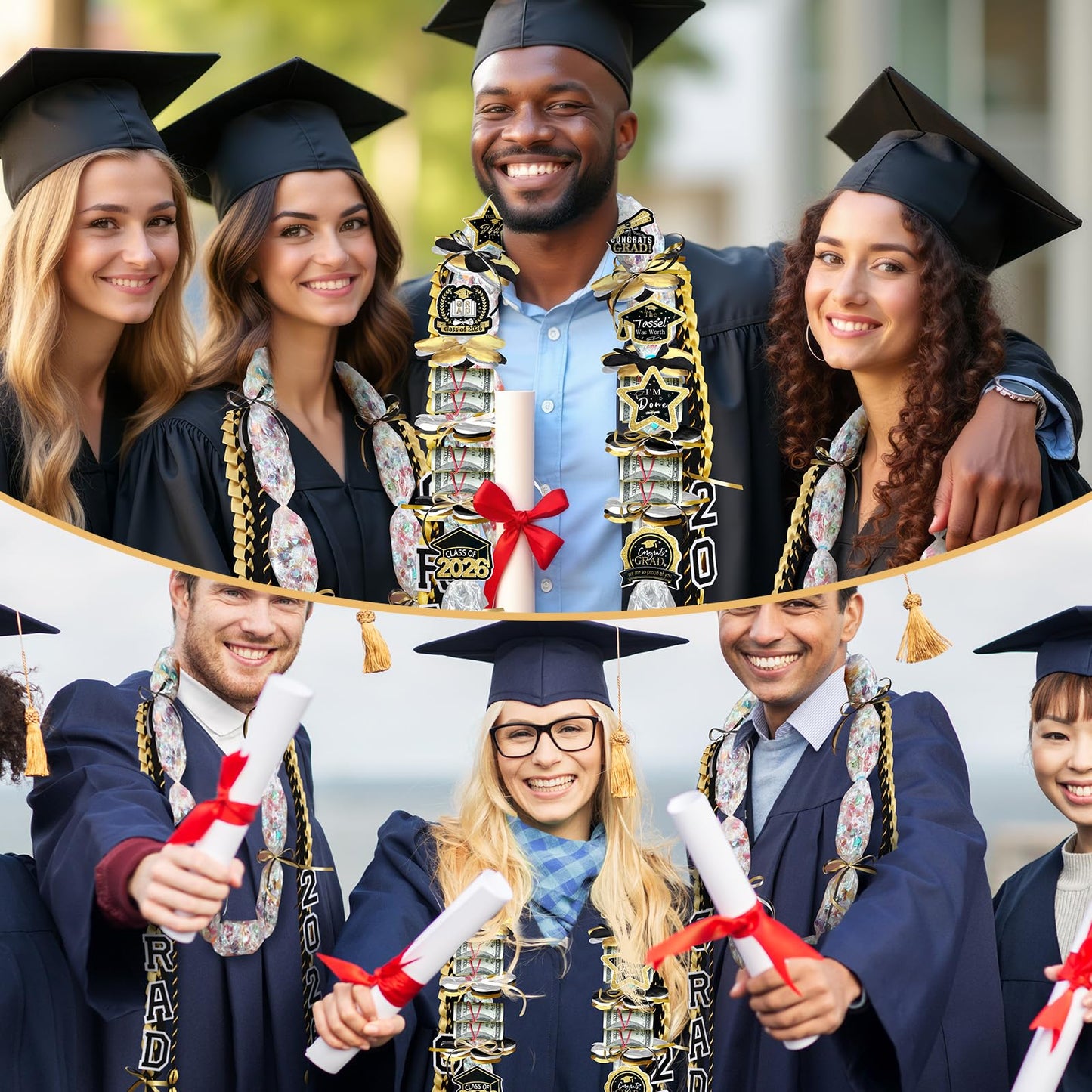 Graduation Candy Lei Making Kit Class of 2026 DIY Lei PE Bags Tubing Money Leis 2026 Graduation Ribbon Necklace Include 2 x 5 ft PE Bags 90 Pcs Flower Accessories for Grad Party Supplies (Gold, Black)