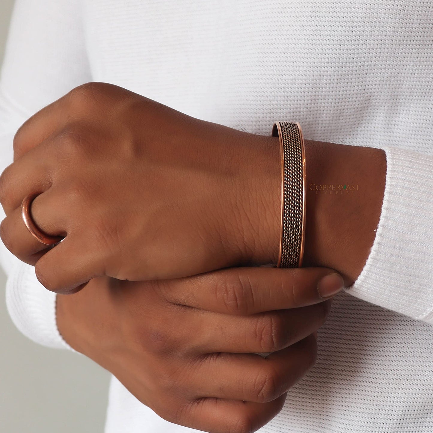 Coppervast Pure Copper Bracelet & Ring Set – Adjustable Handmade 99.99% Solid Copper Jewelry for Men & Women | Elegant Copper Cuff Bracelets & Ring Gift for Men and Women