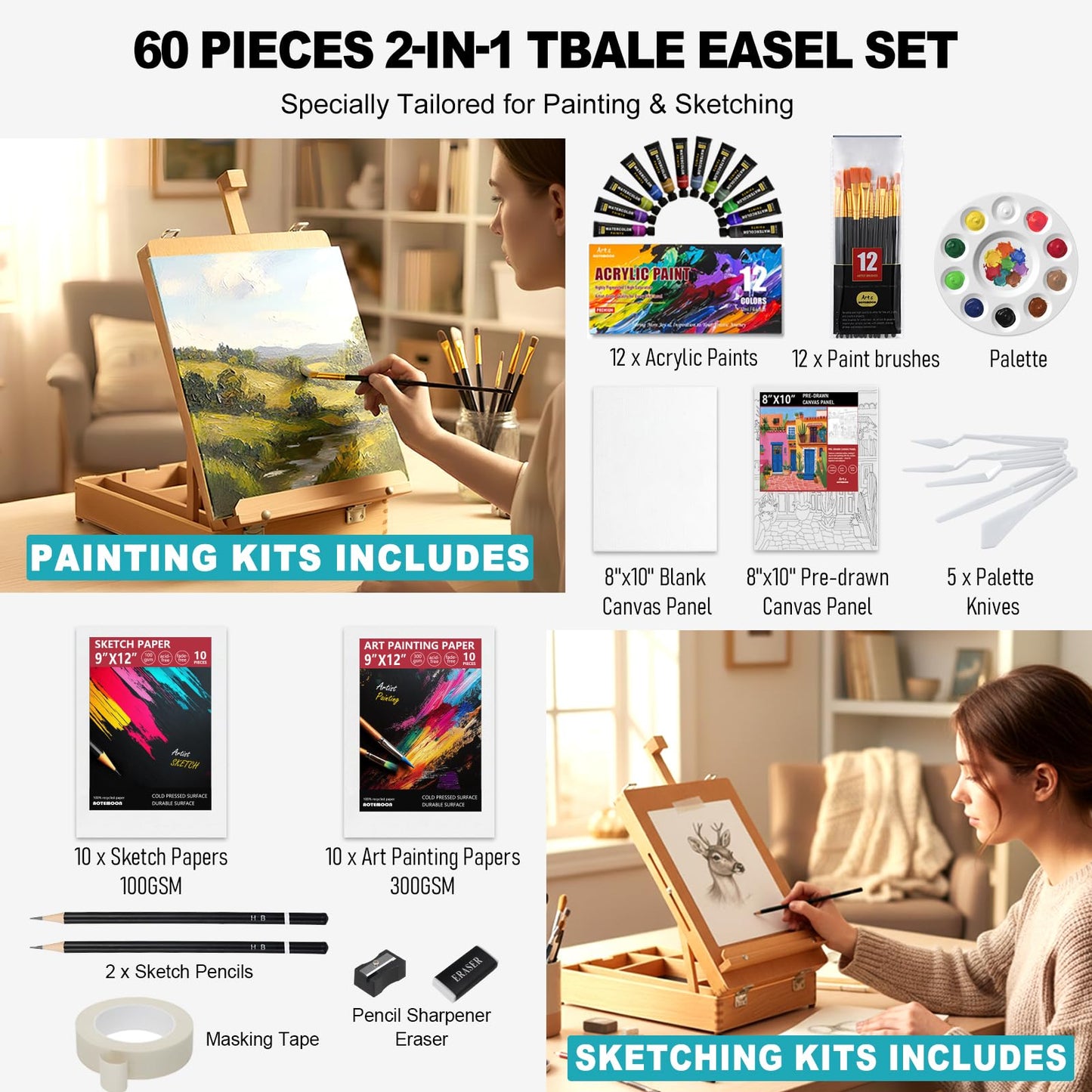 Beechwood Tabletop Easel Set for Painting, 60 Pieces 2-in-1 Art Supplies Specially Tailored for Painting & Sketching, Portable Adjustable Sketchbox Art Easel for Beginners and Art Lovers