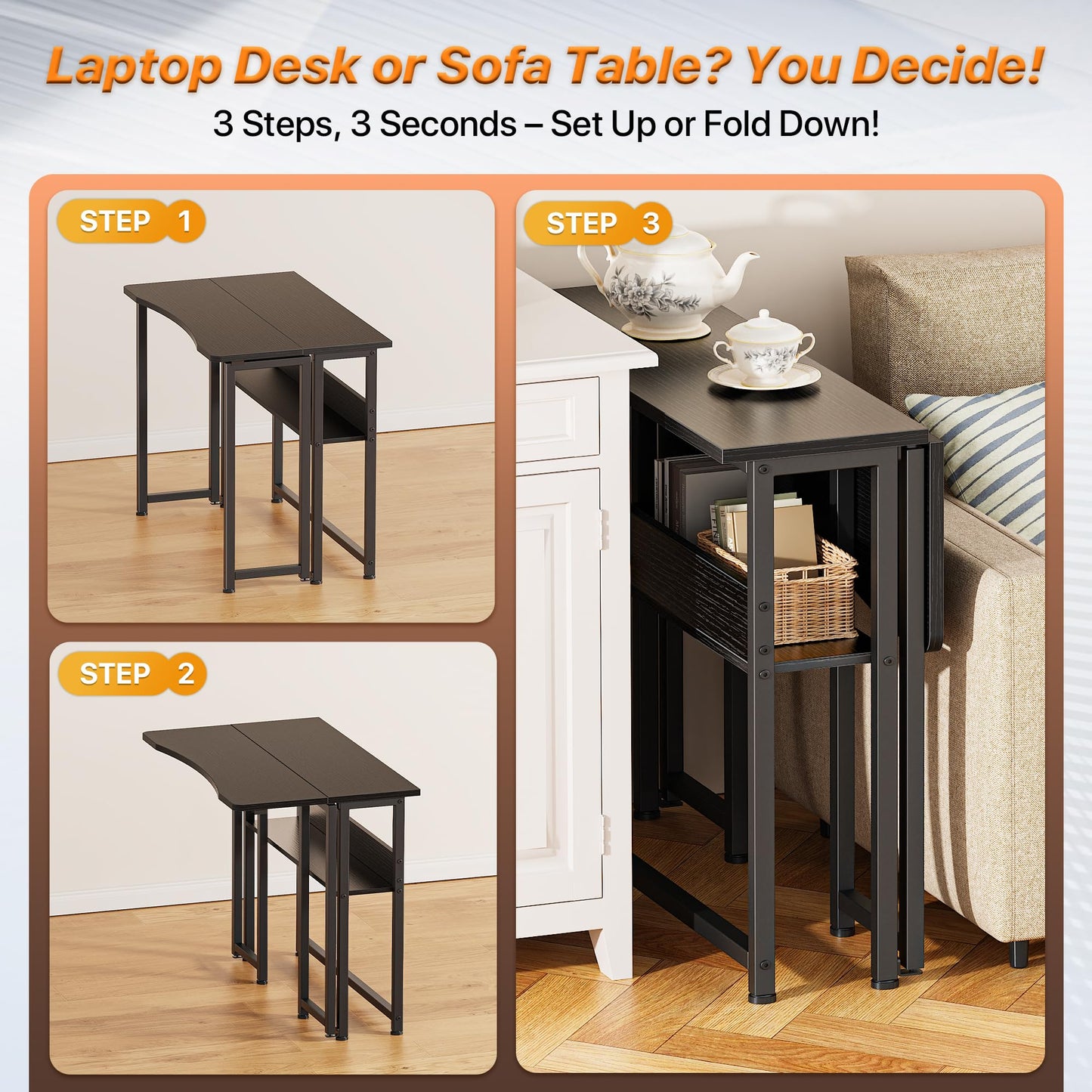 Huuger Folding Desk with Storage Shelf, 31.5 Inch Foldable Computer Table for Small Spaces, Space Saving Sofa Table for Couch, Writing Work Office Computer Desk, Easy to Fold, Black