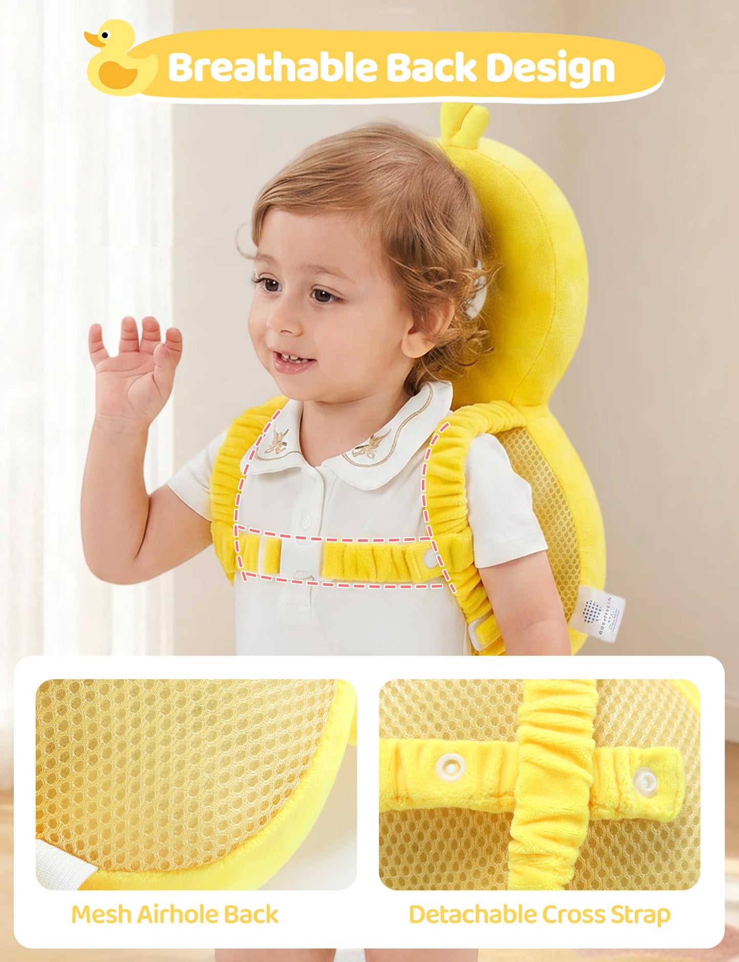JunNeng Baby Head Protector Backpack with Squeaker，Toddler Head Safety Protection Cushion, Yellow Duck
