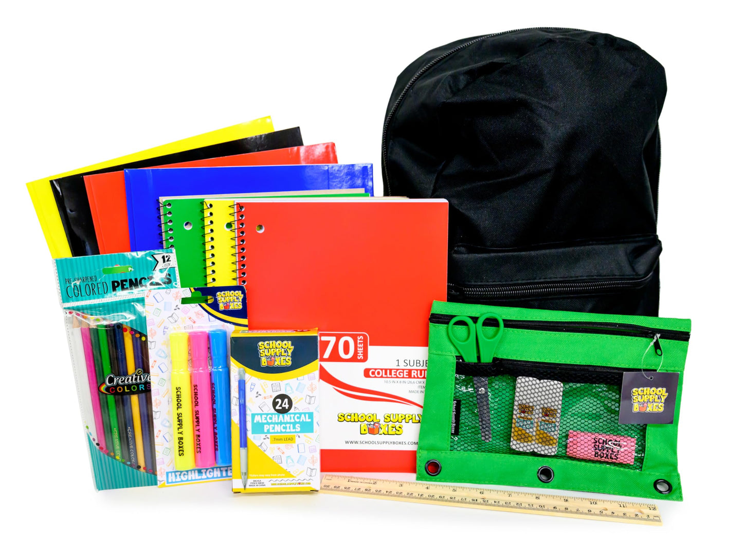 School Supply Boxes | 17" Solid Black Backpack Bundle for Intermediate School | Back to School Bookbag with Supplies | Contains Pencil Pouch, Notebooks, Highlighters, Mechanical Pencils, & More