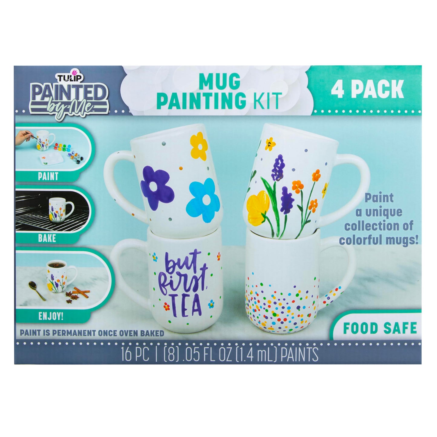Tulip Painted by Me Ceramic Painting Kit – 4 Paintable Mugs, 8 Food Safe Colors & 4 Brushes, Dishwasher Safe, Paint Your Own Ceramics at Home