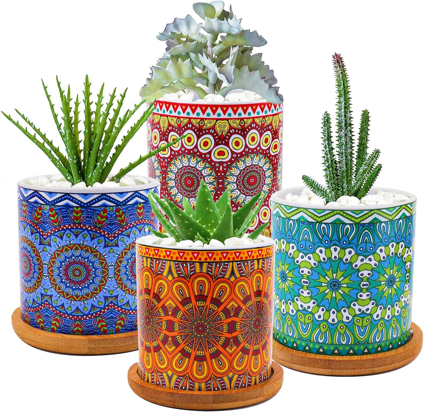 Yesland 4 Pack Succulent Plant Pots with Bamboo Tray, 3 Inch Ceramic Mandalas Pattern Cylinder Planter & Flower Pots with Drainage Hole, for Flowers, Cactus, Home, Garden, Office Decoration