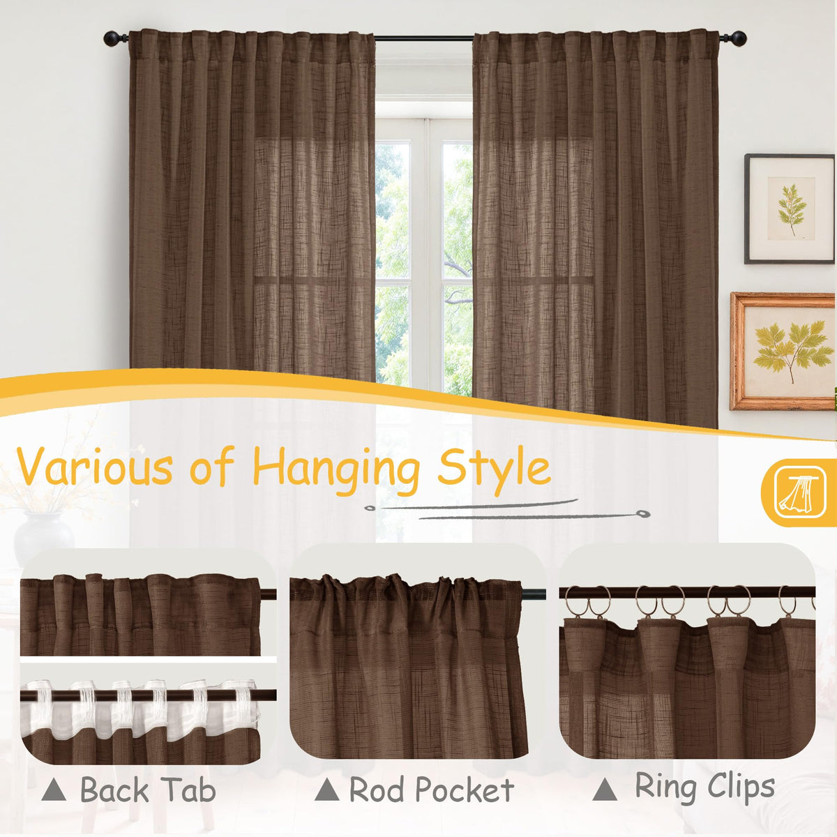 Brown Linen Curtains 40 Inches Long for Kitchen Window (2 Count)