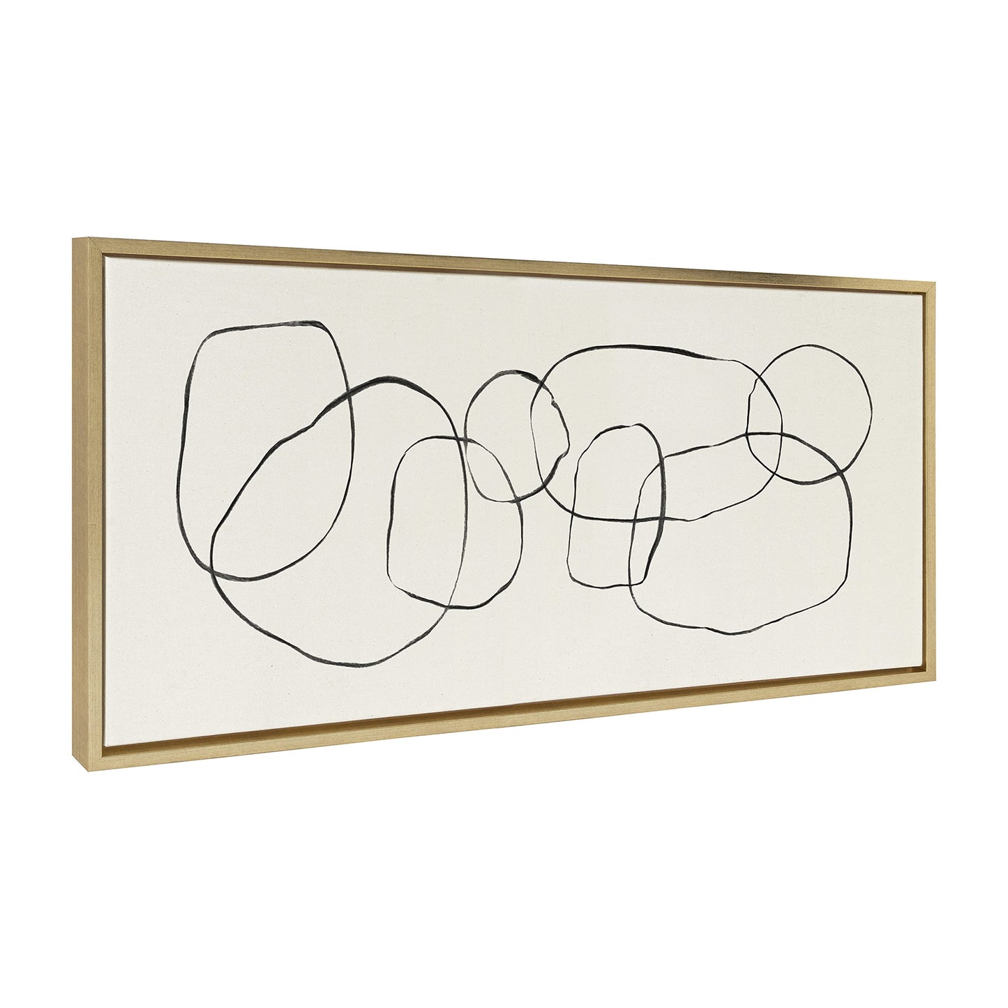 Kate and Laurel Sylvie Dancing Circles Framed Linen Textured Canvas Wall Art by Teju Reval of SnazzyHues, 18x40 Gold, Neutral Abstract Wall Decor