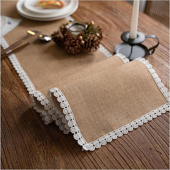 Natural Jute Table Runner, Burlap Style Table Runner, Rustic Farmhouse Table Runner Country Vintage for Wedding, Party Table Decorations, Boho Décor Jute Floral Lace Edge 12x63 inch TAB28