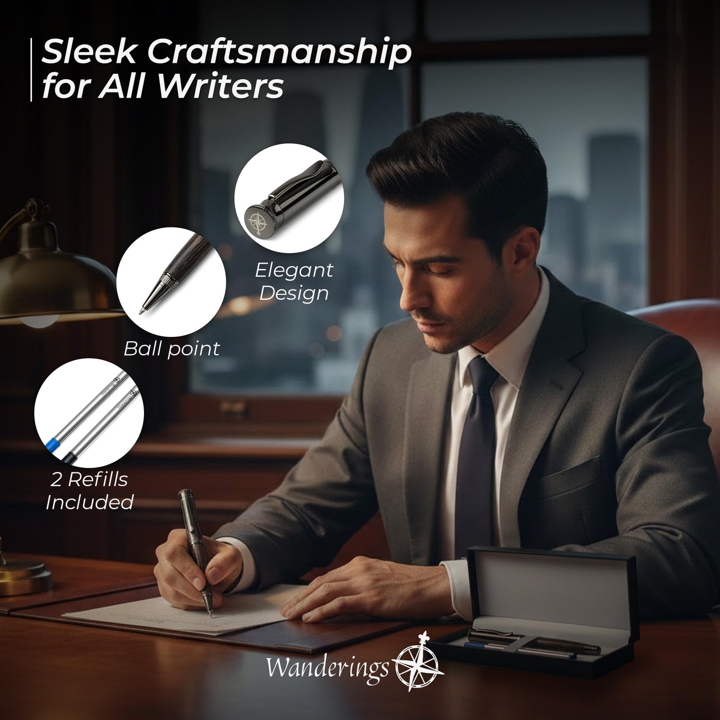 WANDERINGS Ballpoint Pen with German Ink – Beautifully Balanced for a Smooth Writing Experience - Light Brown and Real Wood Barrel - Includes 2 Refills in a Presentation Case