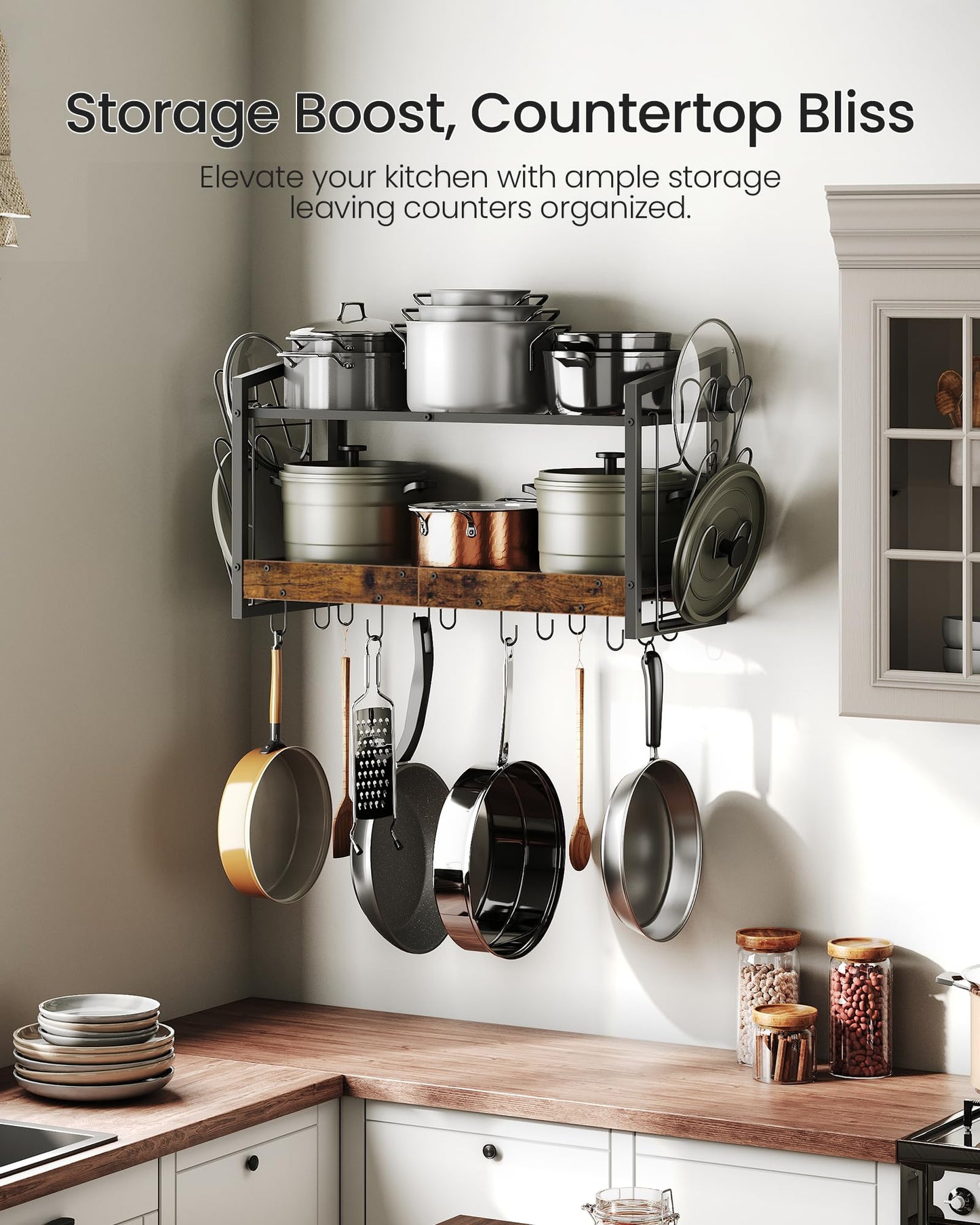 CHOEZON Hanging Pot Rack, Pot Rack Wall Mounted, 2-Tier Kitchen Pot and Lid Organizer, Wall-Mounted Pot Rack with 12 Hooks, for Kitchen Storage of Pots, Pans, Utensils, Rustic Brown TPR02BF