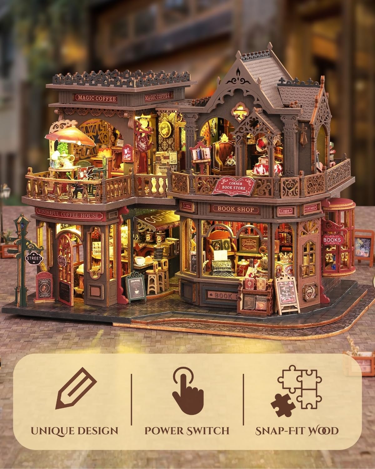 Merrifete Letter Coffee DIY Miniature House Kit with LED Light - Assembled Dollhouse Kit for Shelf Decor - Wood 3D Puzzles Tiny House Book Nook - Creative Gift for Adults at Birthday Christmas