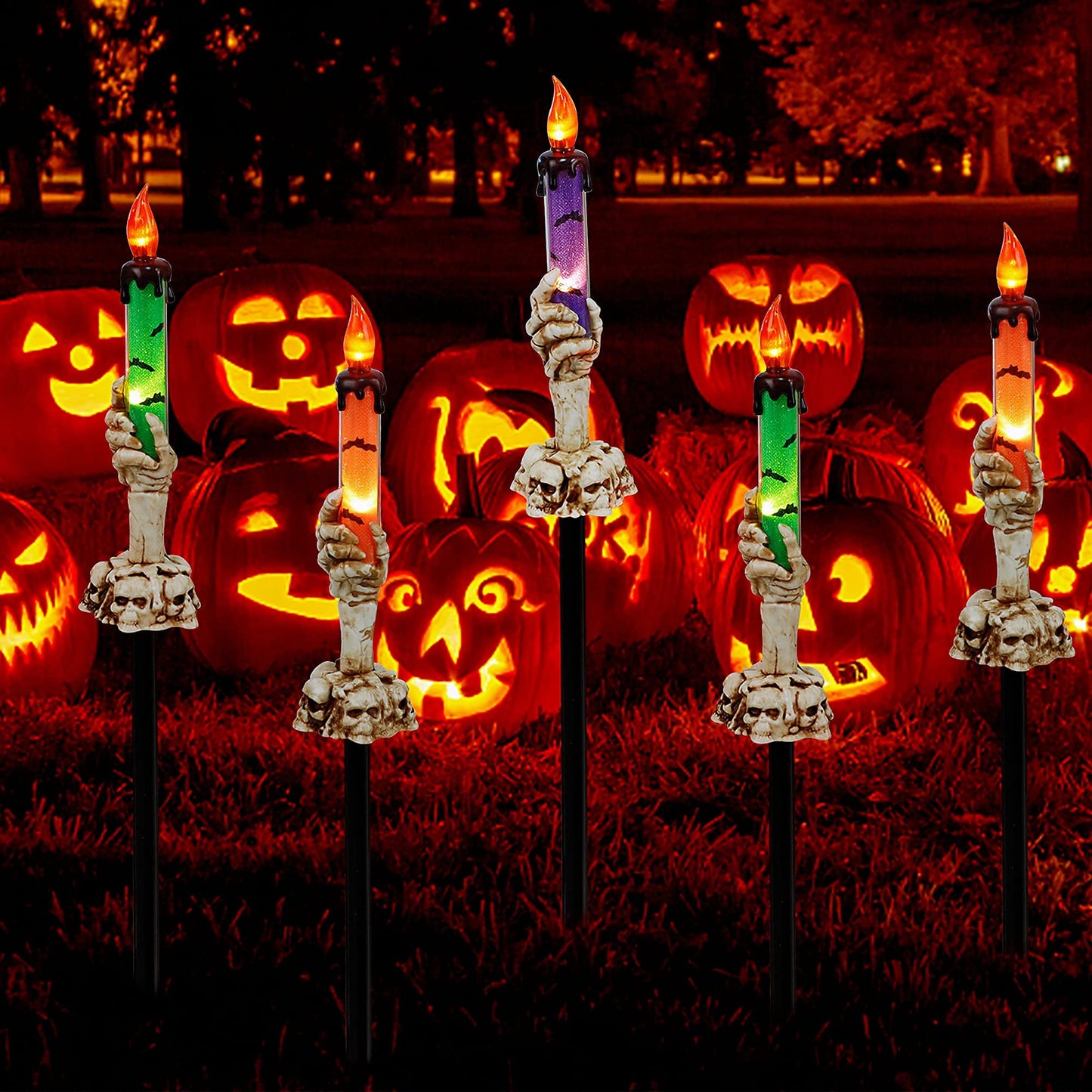 LJLNION Halloween Decorations, 5 Pack Tabletop Candle Lights with Skeleton Ghost Hand, Waterproof Lighted Yard Stakes, Battery Operated for Light Up Halloween Indoor/Outdoor Garden Decor