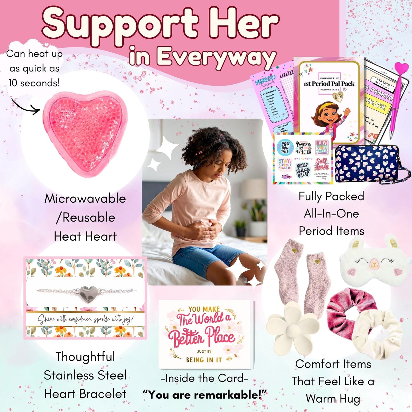 Mark and Lola’s First Period Pal Pack Gift Box | First Period Kit for Tweens & Teens | Pads, Panty Liners, Confidence-Boosting Essentials, First Period Gift Box & Discreet Bag (Hearts)