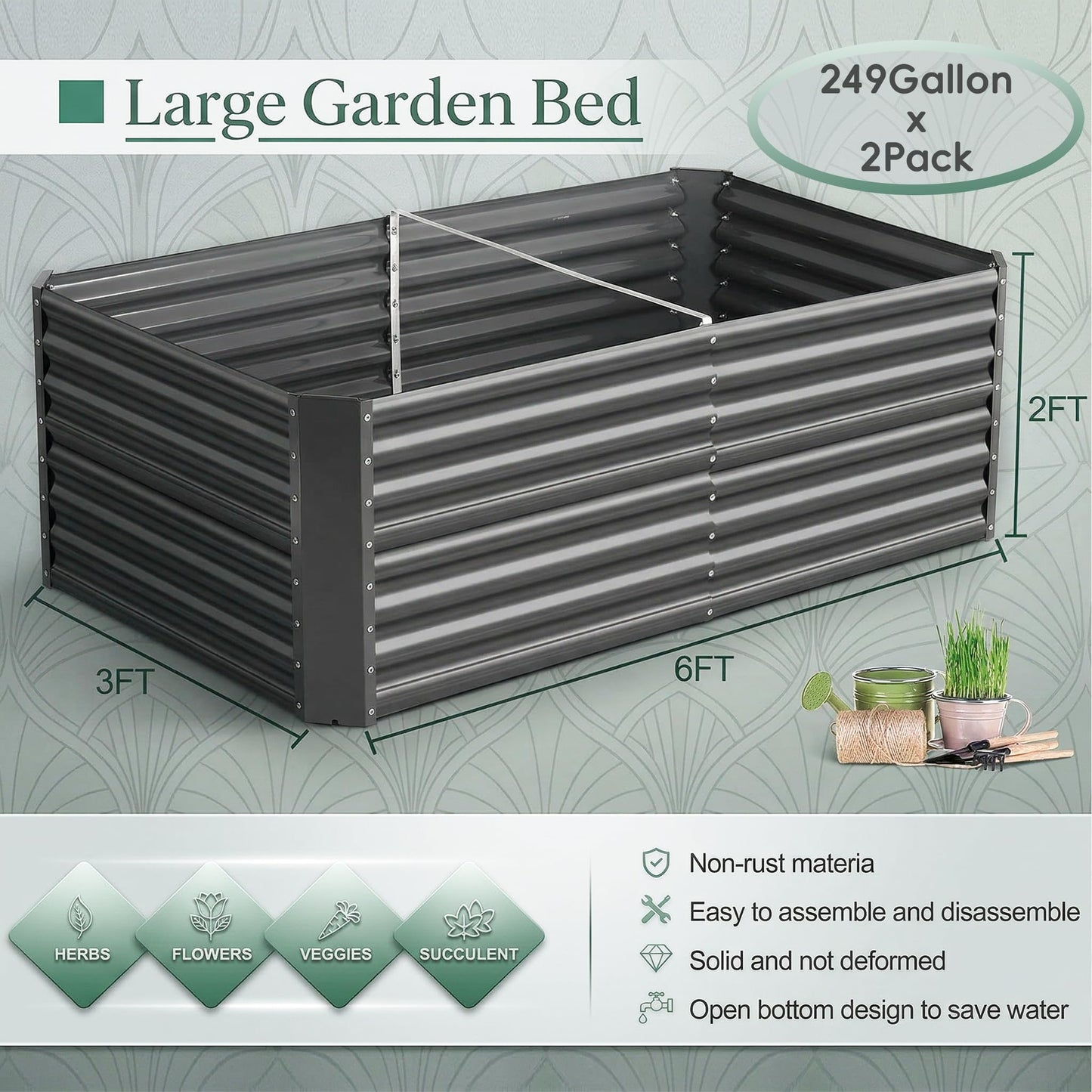 Land Guard 2 Pack 6×3×2 ft Galvanized Metal Raised Garden Bed, 2FT Deep Root Elevated Planter Box Steel Large Vegetable Flower Bed Kit, Gray