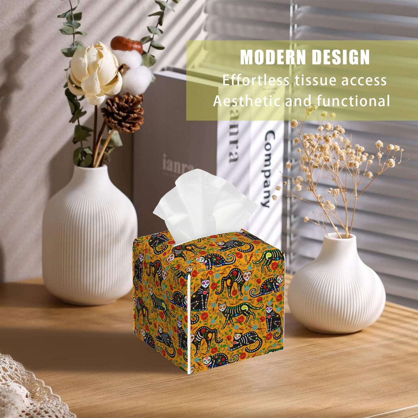 BLYKVGHQ Day of The Dead Square Tissue Box Cover Sugar Skull Black Cats Tissue Box Holder Facial Cube Paper Dispenser Leather Decorative Organizer Home Office Desk Decor, 5.2"x5.2"x5.2"