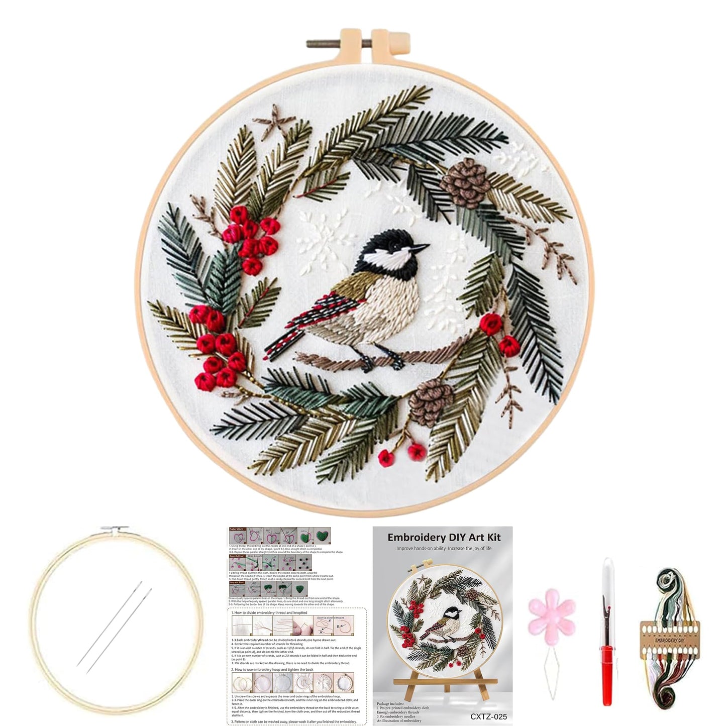 Huacan Embroidery Kits for Adults Beginner DIY Cross Stitch Stamped Christmas Pattern Stitching Wreath Sewing Kit 1 Piece 7.8 x 7.8 Inch