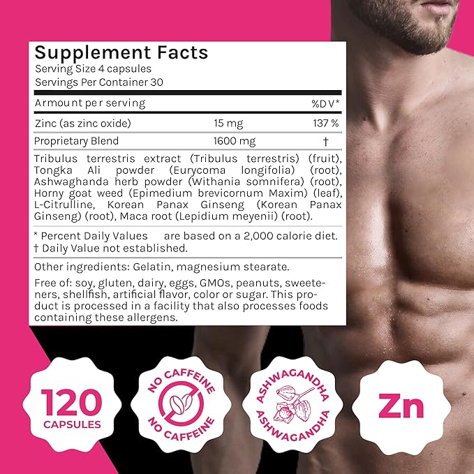 ZENZSUAL LibiZenzs Men - Natural Dietary Supplement Blend with Ginseng, Maca Root, Ashwagandha - Increases Testosterone Levels - Gluten Free (120 Capsules)