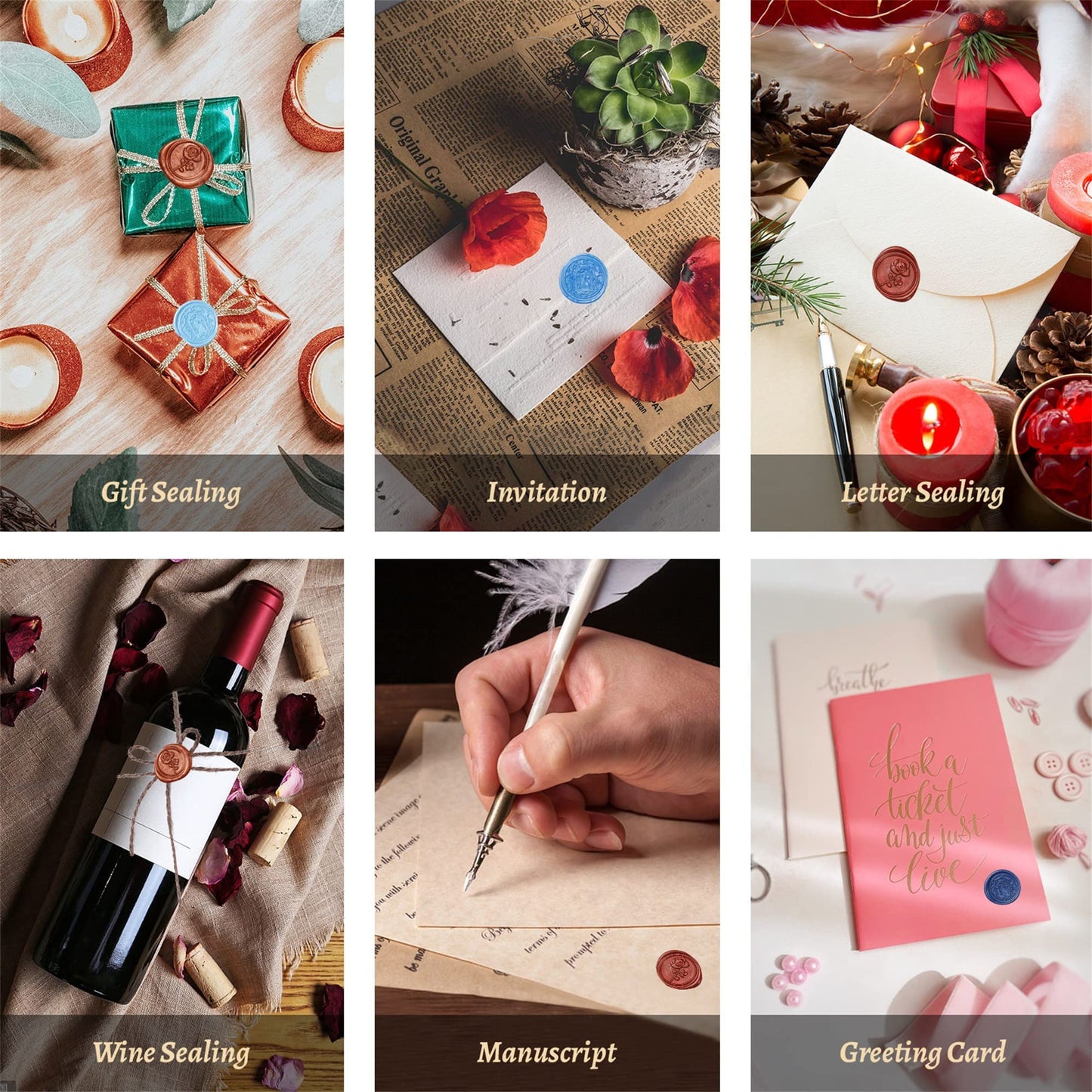 Comealltime Wax Seal Kit with Gift Box, 624 Pcs 24 Colors Sealing Beads, 2 Pcs Stamps, Sealing Wax Warmer, Metallic Pen, Envelope, Candles for Wedding Birthday Gift and DIY Craft, Sellado de Cera