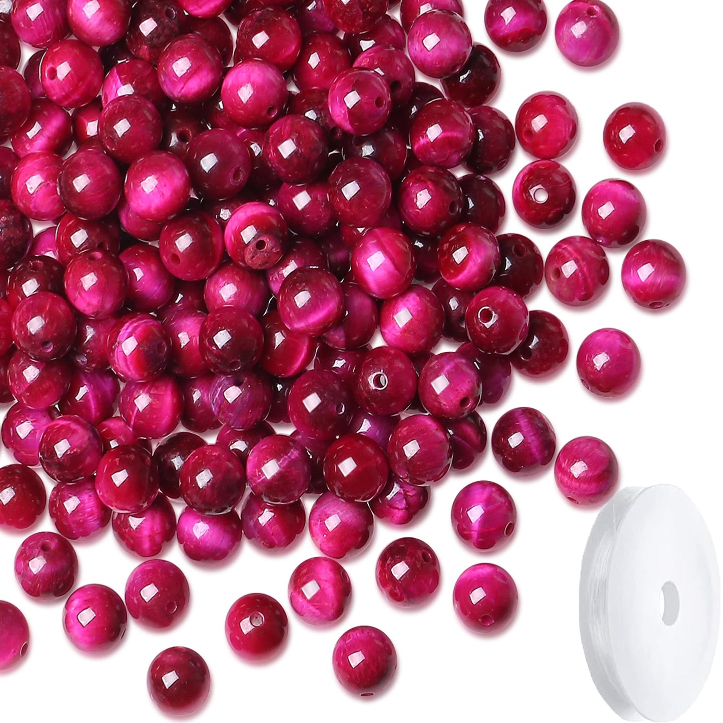 NUKAYAI Rose Pink Tiger Eye Beads 60Pcs Crystal Beads 8mm Round Stone Bead Smooth Loose Bead for Bracelet Necklace DIY Earrings Making