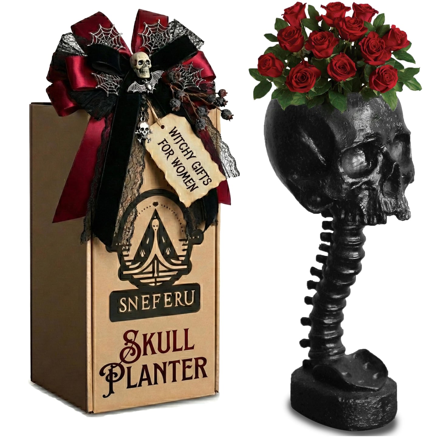 Skull Planter Spine Gothic Vase - Black Skull Candy Bowl, Horror 11.6" Halloween Flower Vase Goth Decor, Spooky Home Decor Skeleton Planter Pot, Candle Holder, Spooky Gifts For Women, Men, Girlfriend.
