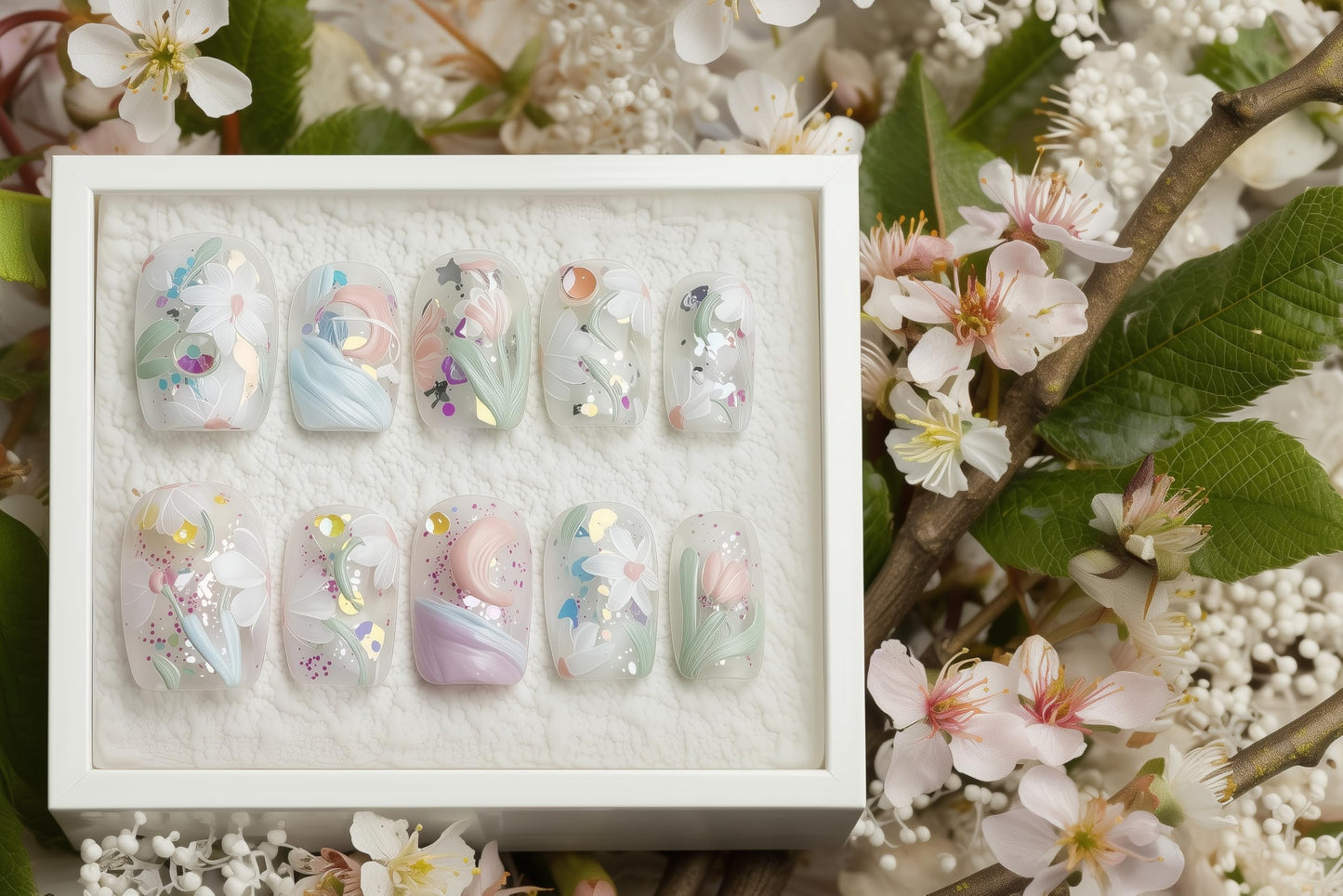 Fine Point Handmade Salon-Quality Fake Nails, Short Squoval Press-On Nails, 3D Floral Pastel Spring Design with White Flowers, Acrylic Nails with Glitter Accents in Painterly Oil Style (Size Small)