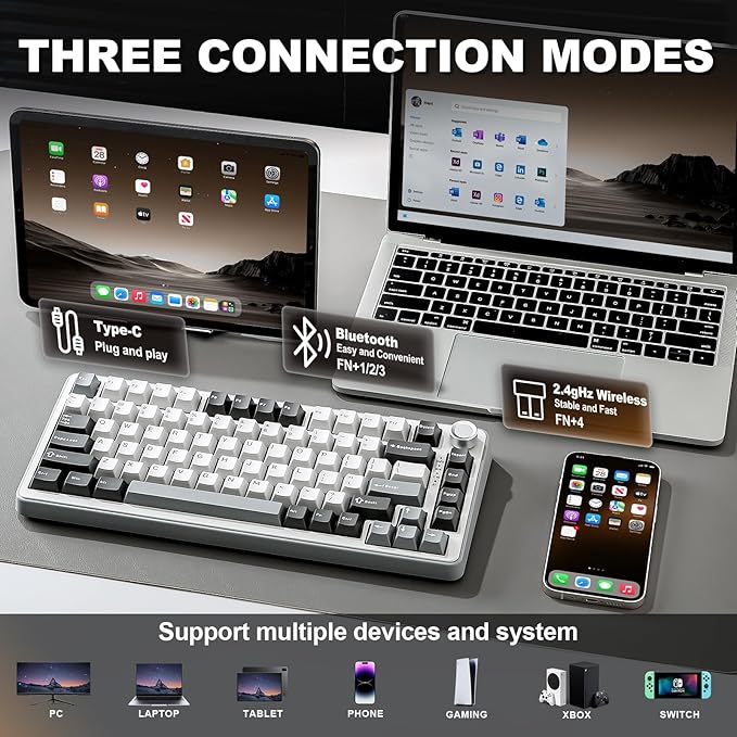 YUNZII B75 PRO Wireless Mechanical Keyboard,75% Layout with Knob,Hot Swap Gasket Custom Structure,Creamy Pre-lubed Switches,RGB Backlit,Bluetooth/Type-C/2.4G for Win/Mac(Cocoa Cream V2 Switch,Grey)