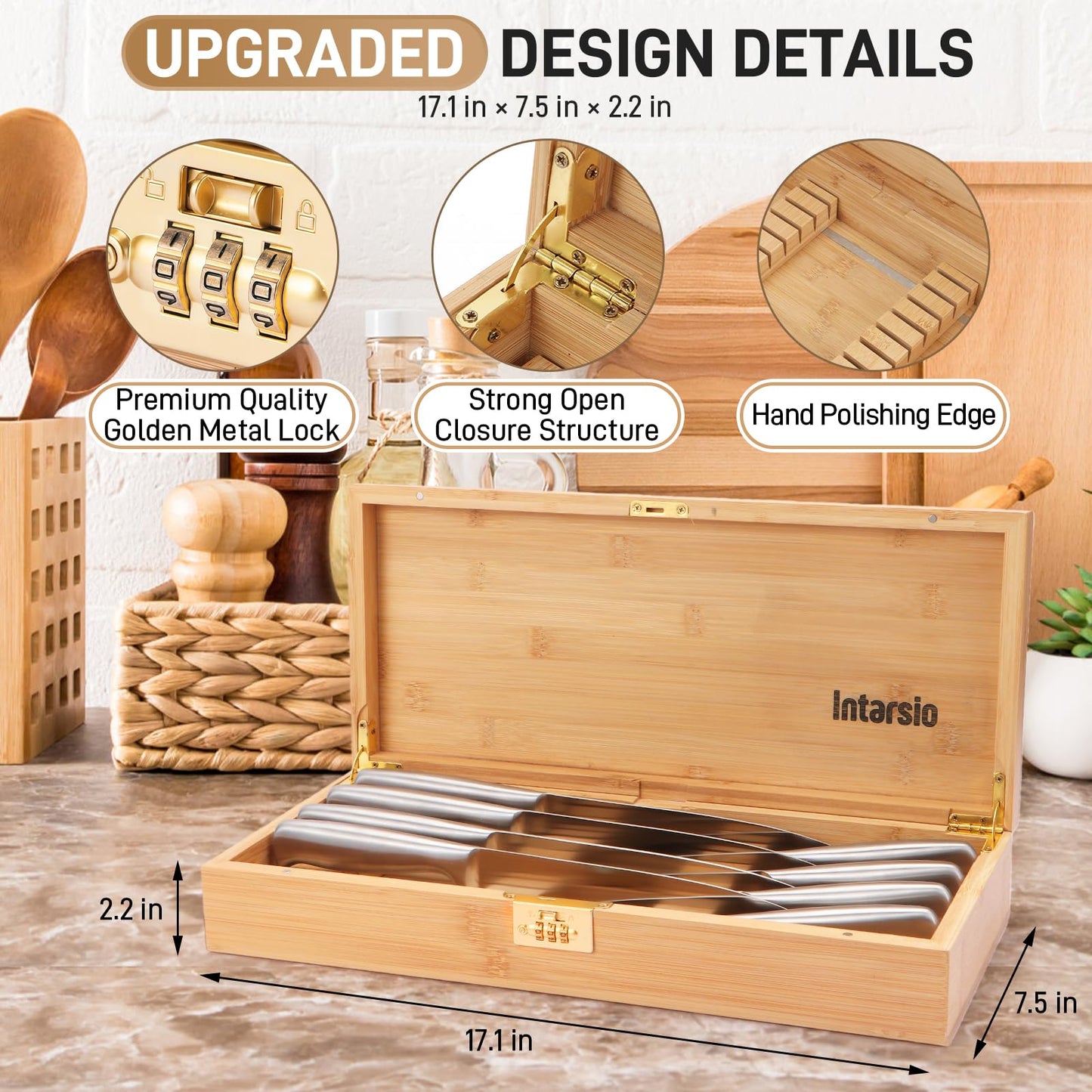 Upgraded Lockable Large Bamboo Knife Storage Box with Magnetic Removable Knife Blocks for Easy, Quick and Safe Culinary Tools Storage, Keyless Kitchen Combination Lock Box, Great Kitchen Gifts